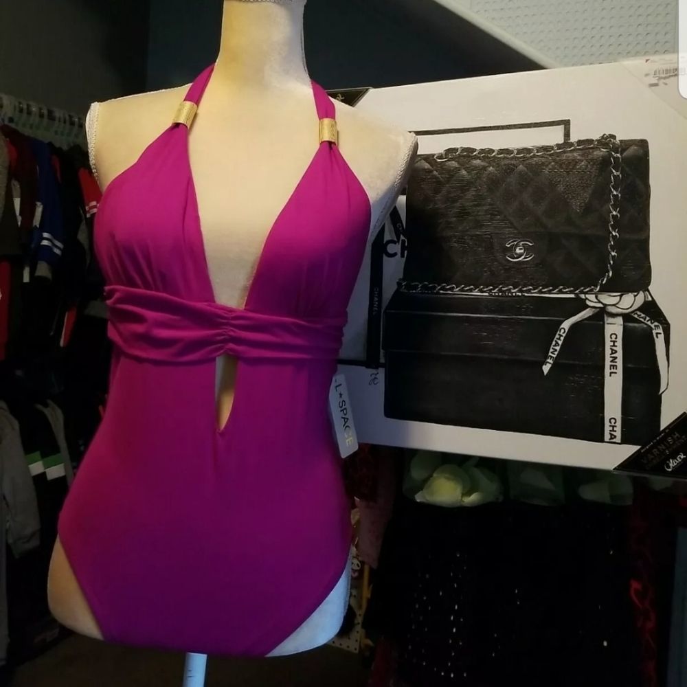 L*Space Fuchsia Halter One Piece Swimsuit